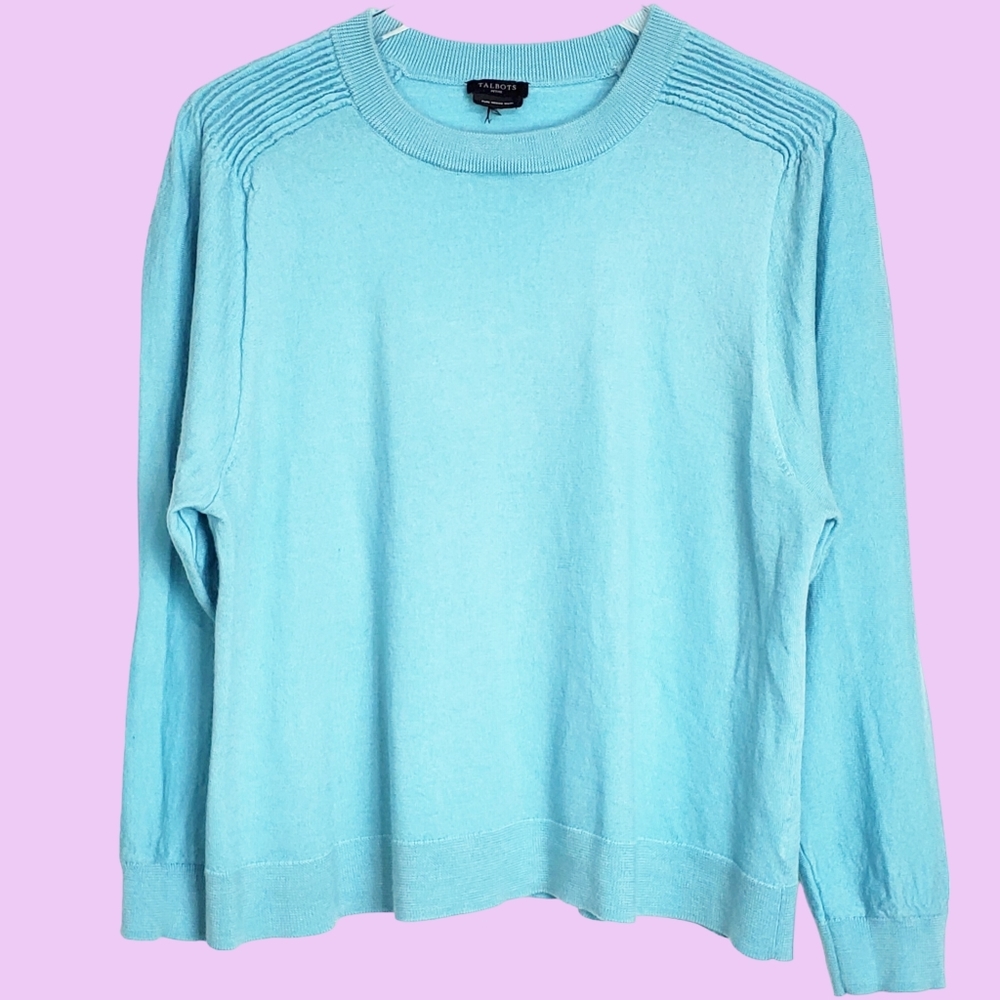 Talbots size L petite pleated shoulder merino sweater blue knit crew neck dolman